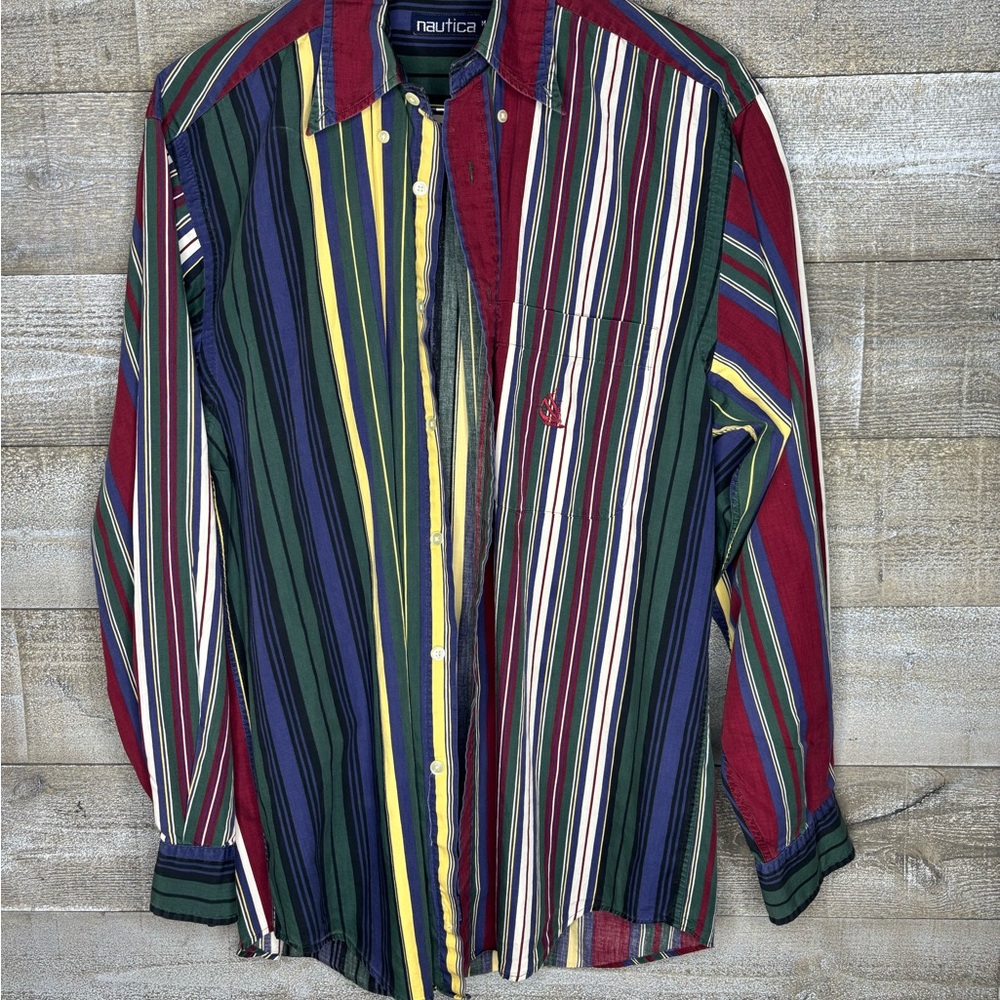 Nautica vintage 90s Men's Vibrant Striped Button Down Shirt medium colorful
